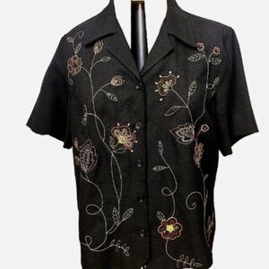 Alfred Dunner. Sz 16. Embroidered Beaded Short Sleeve Black Blouse. B119
